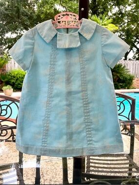 Vintage Girl’s Mod Sky Blue Dress with White floral embroidery.